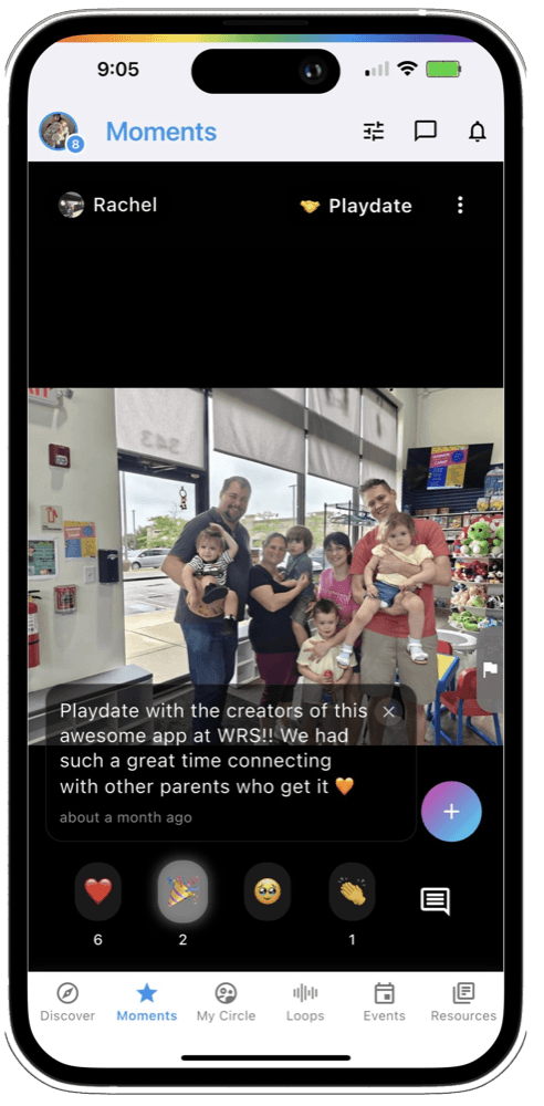 The Moments tab, showing a family playdate.
