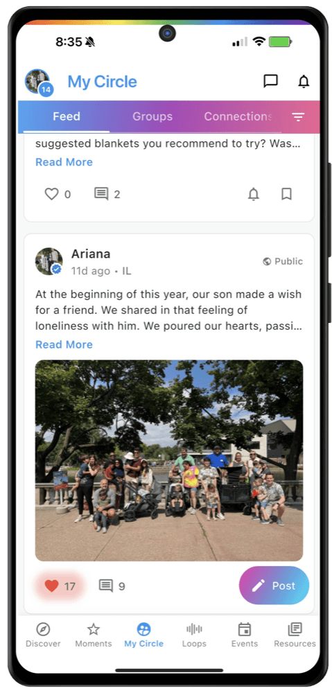 The My Circle feed, showing community posts.