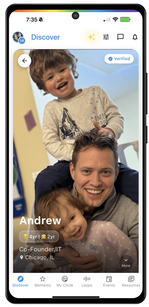 The Discover tab, showing a nearby family's profile.